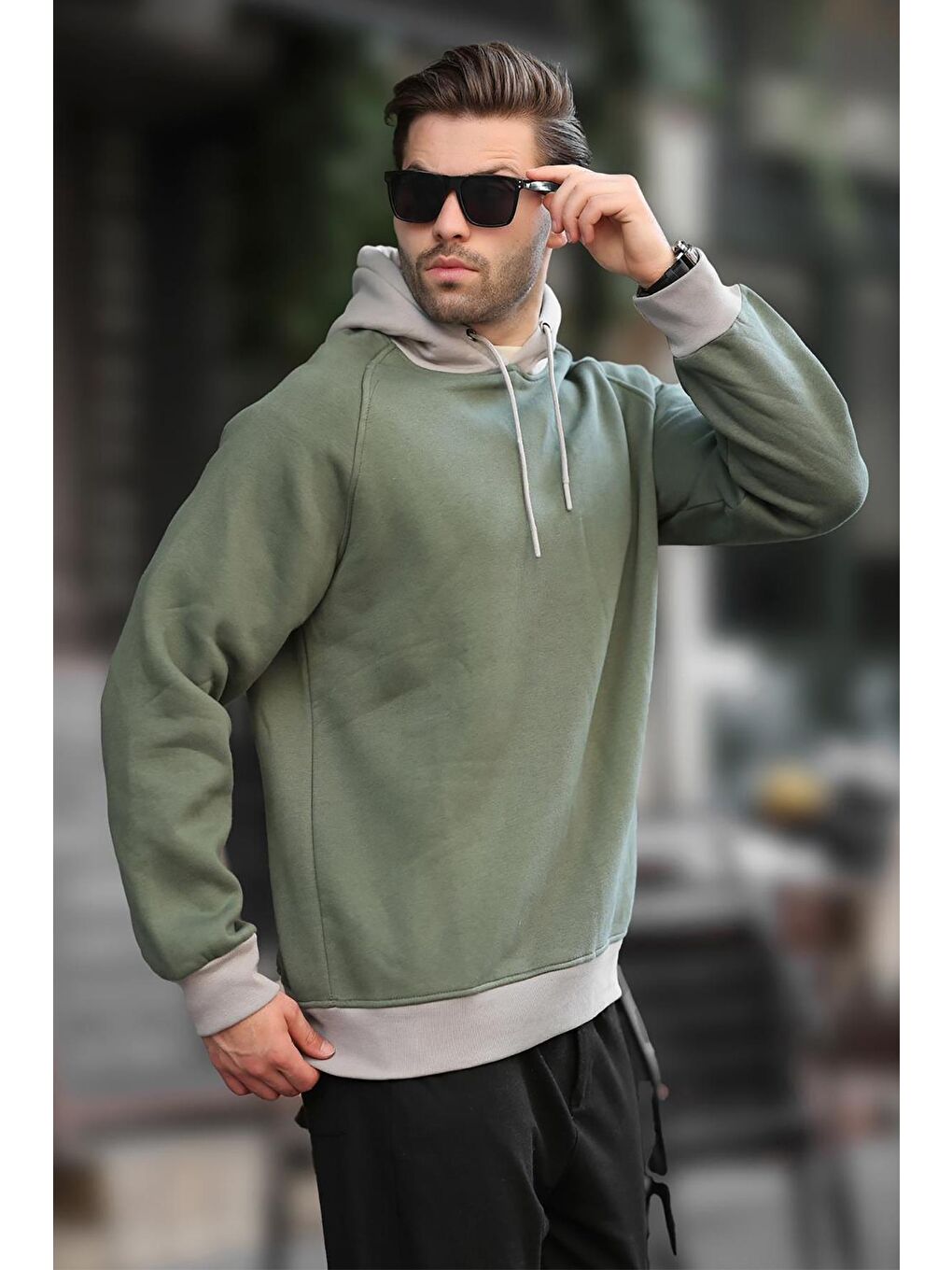 Haki Renk Bloklu Kapüşonlu Sweatshirt 7073