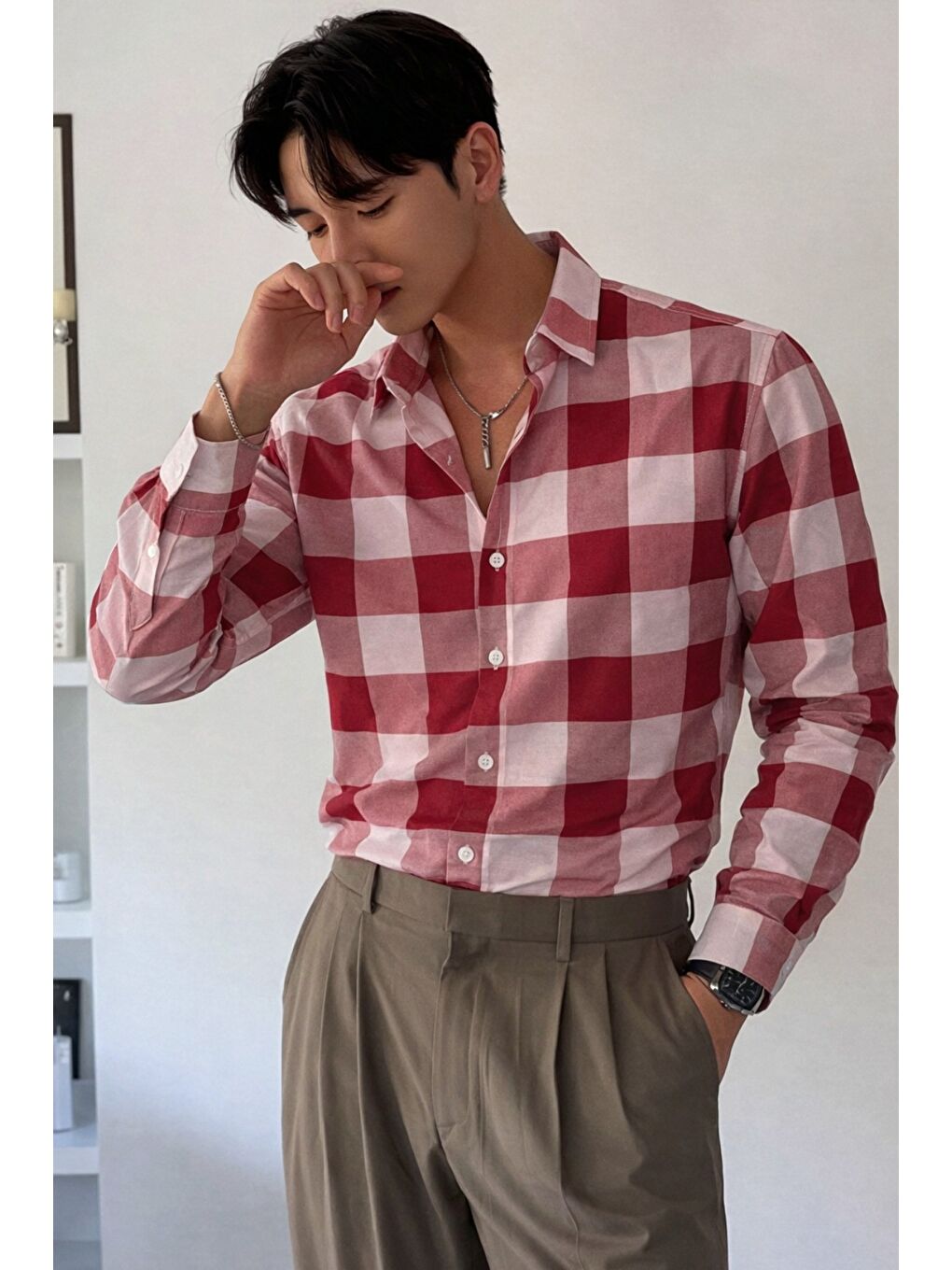 Kırmızı Erkek Ekose-Kareli Gömlek Slim Fit Pamuk Karışımlı Klasik Tarz Uzun Kollu Gömlek