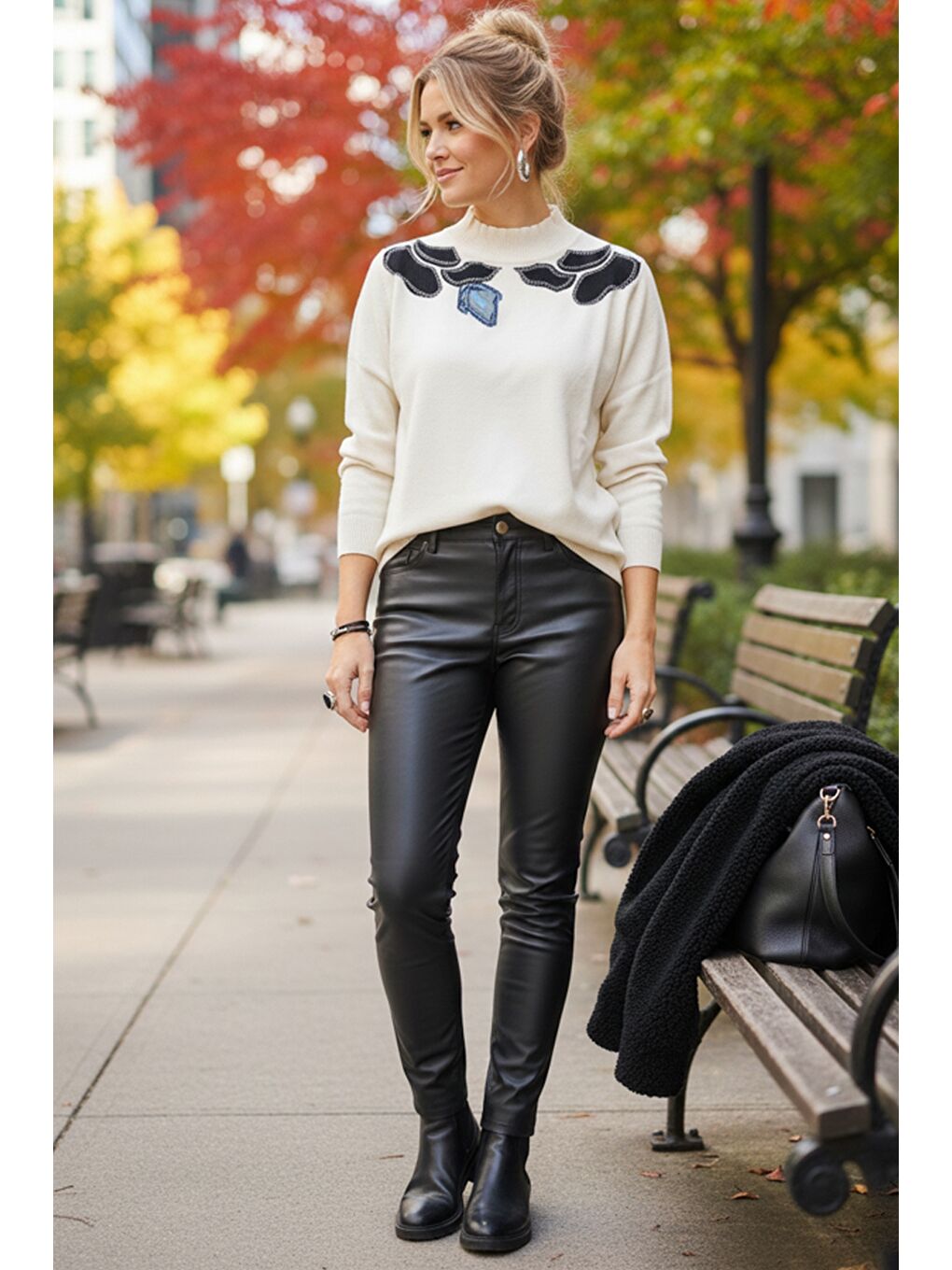 Ekru Krem Balerin Yaka Uzun Kol Desenli İnce Casual Triko Kazak 65 60-2