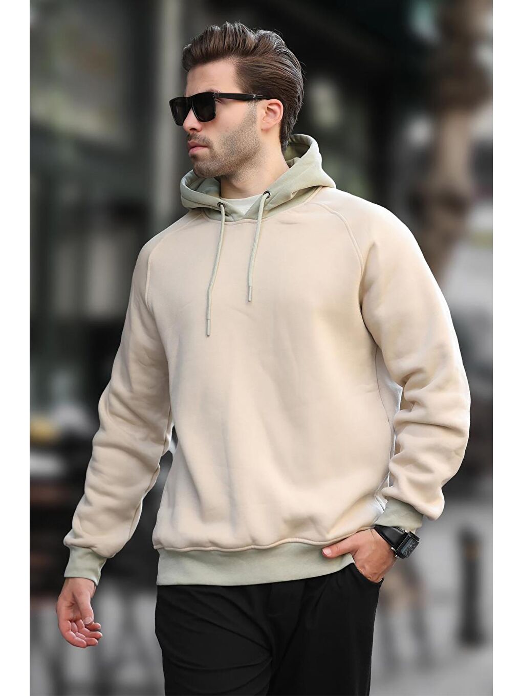 Bej Renk Bloklu Kapüşonlu Sweatshirt 7073-1