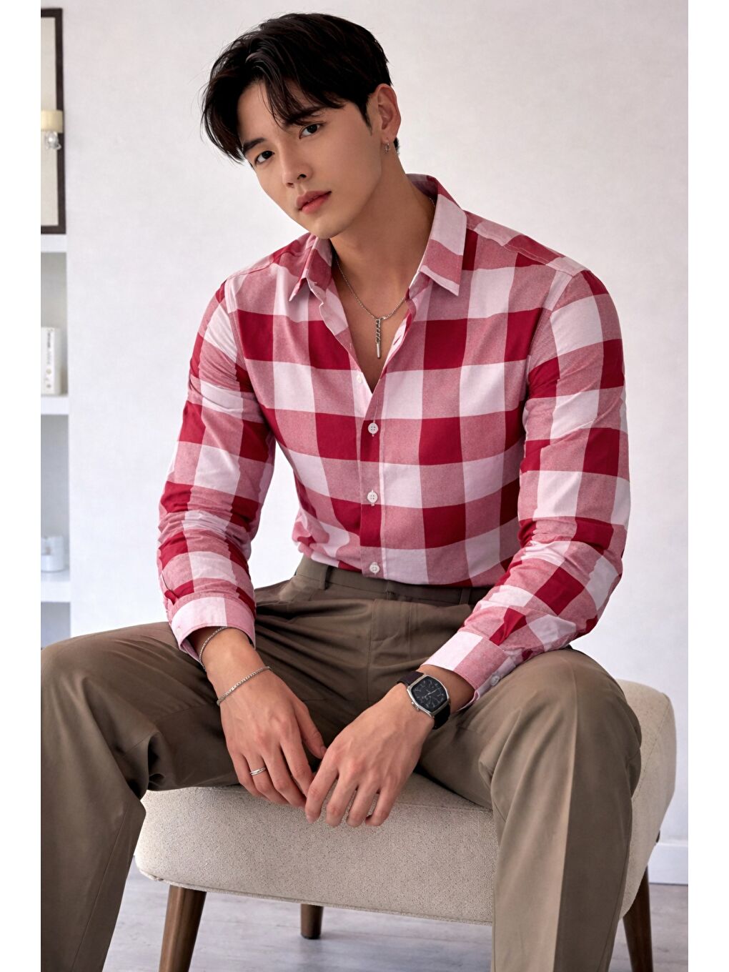 Kırmızı Erkek Ekose-Kareli Gömlek Slim Fit Pamuk Karışımlı Klasik Tarz Uzun Kollu Gömlek-1