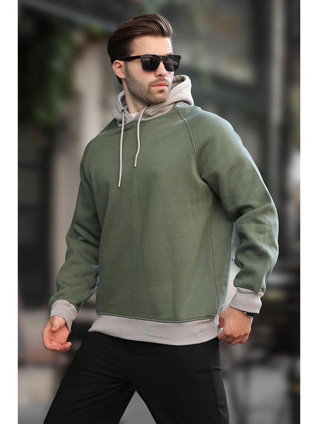 Haki Renk Bloklu Kapüşonlu Sweatshirt 7073-1