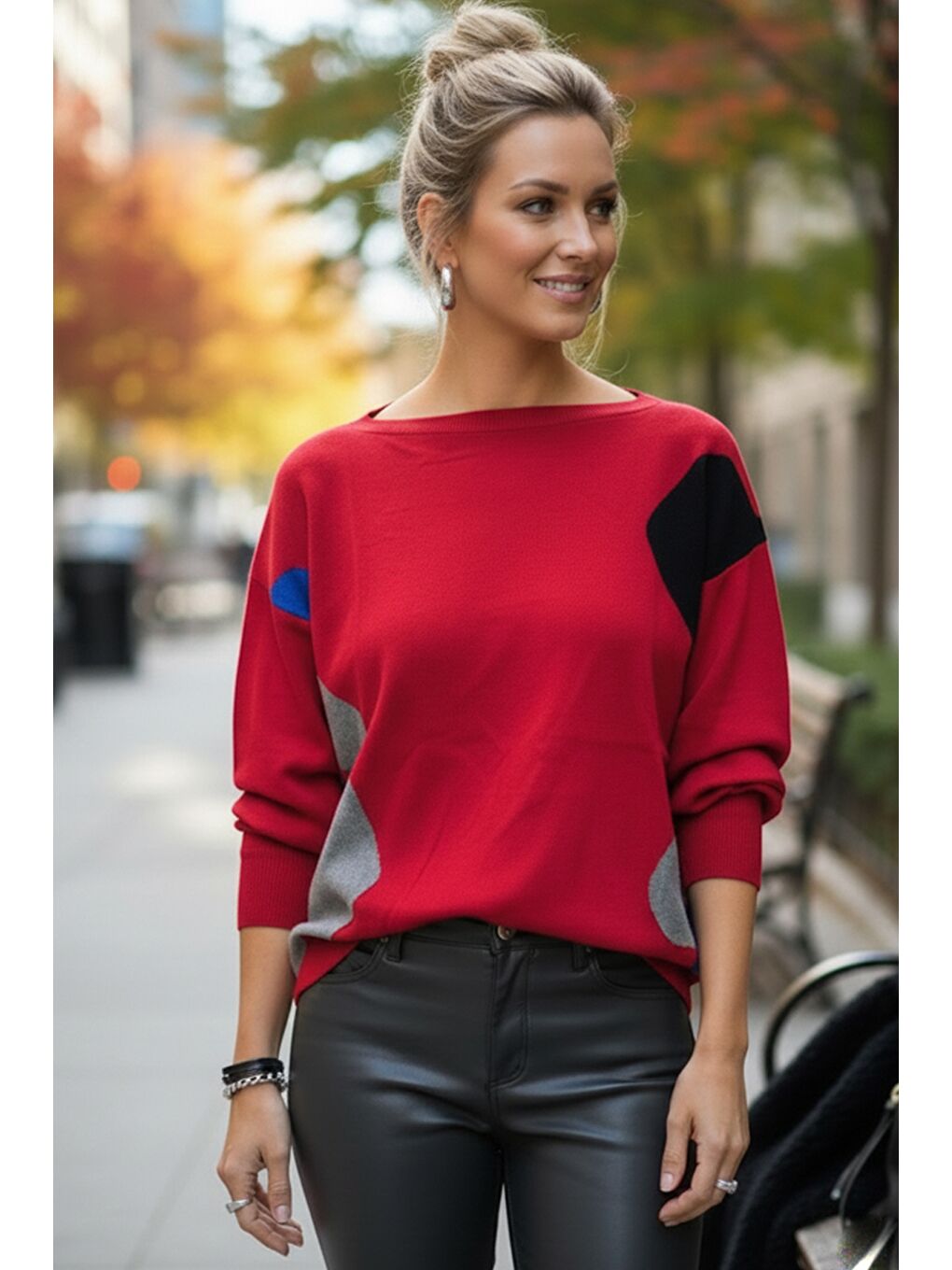 Kırmızı Kayık Yaka Uzun Kol Desenli İnce Casual Triko Kazak 65 60-5