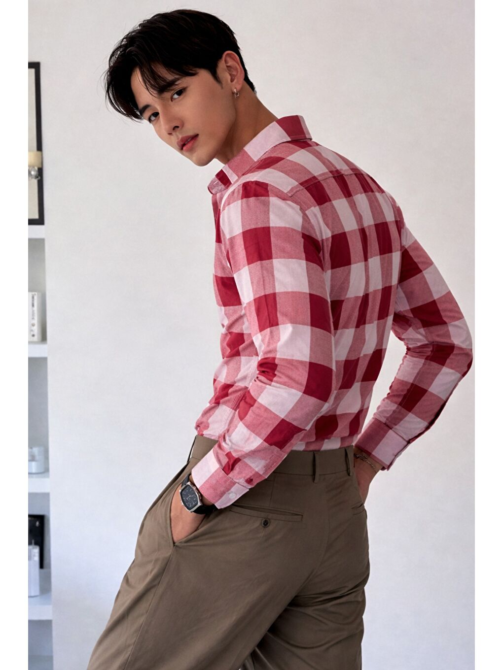 Kırmızı Erkek Ekose-Kareli Gömlek Slim Fit Pamuk Karışımlı Klasik Tarz Uzun Kollu Gömlek-2