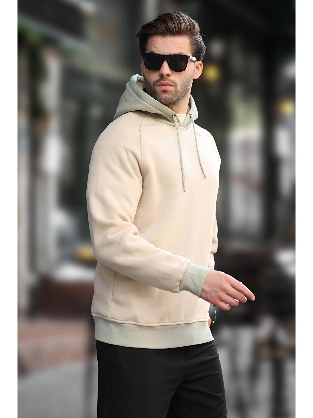 Bej Renk Bloklu Kapüşonlu Sweatshirt 7073-2