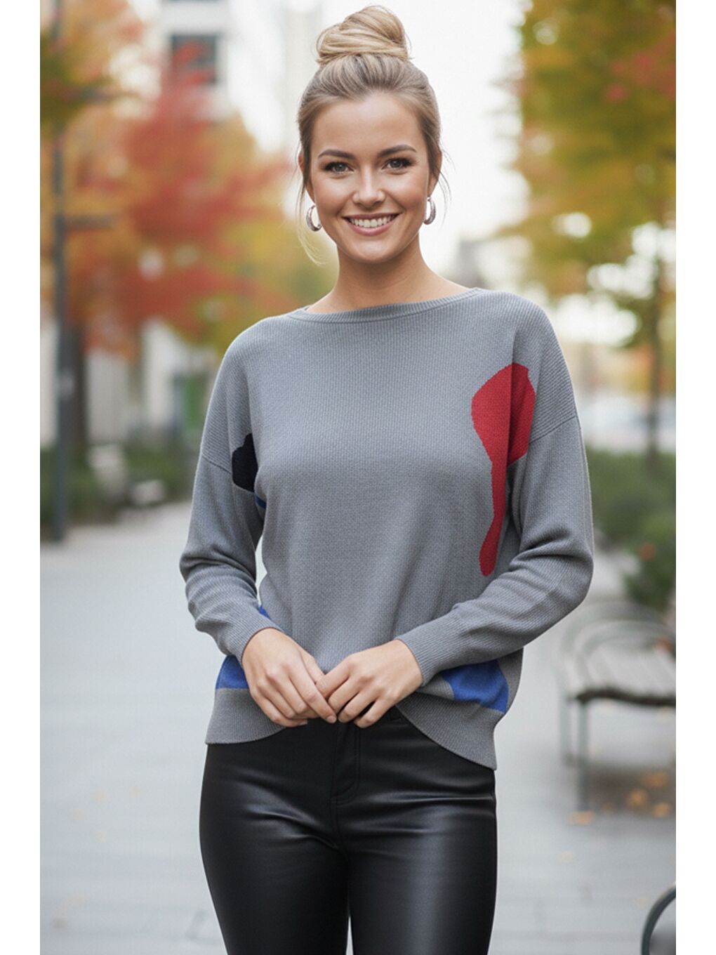 Gri Kayık Yaka Uzun Kol Desenli İnce Casual Triko Kazak 65 60-1