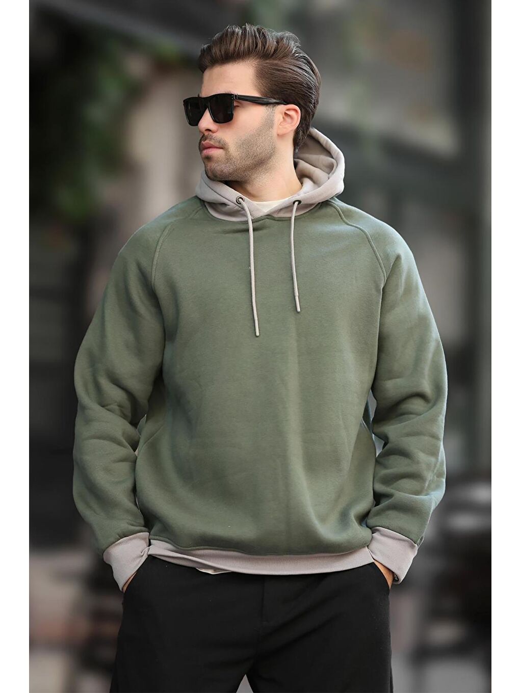 Haki Renk Bloklu Kapüşonlu Sweatshirt 7073-2