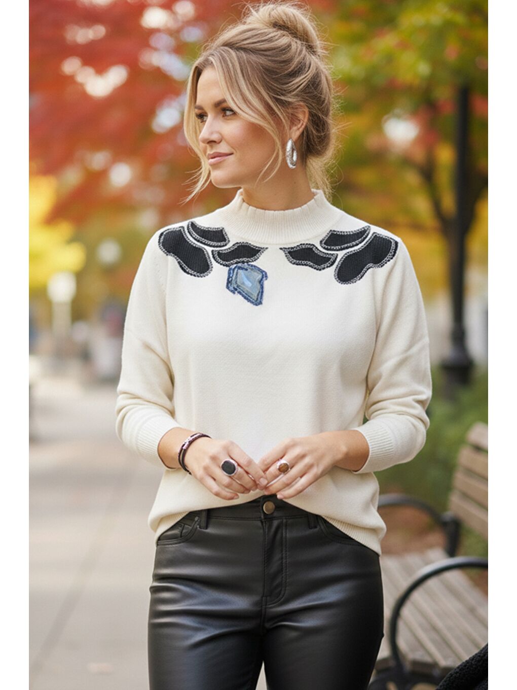 Ekru Krem Balerin Yaka Uzun Kol Desenli İnce Casual Triko Kazak 65 60-3