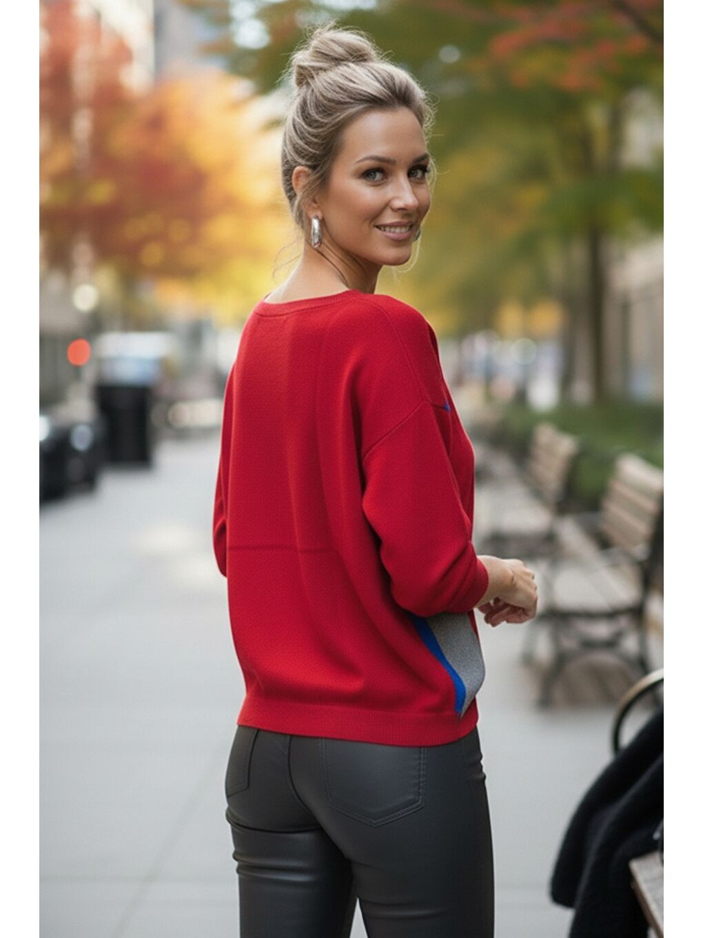 Kırmızı Kayık Yaka Uzun Kol Desenli İnce Casual Triko Kazak 65 60-6