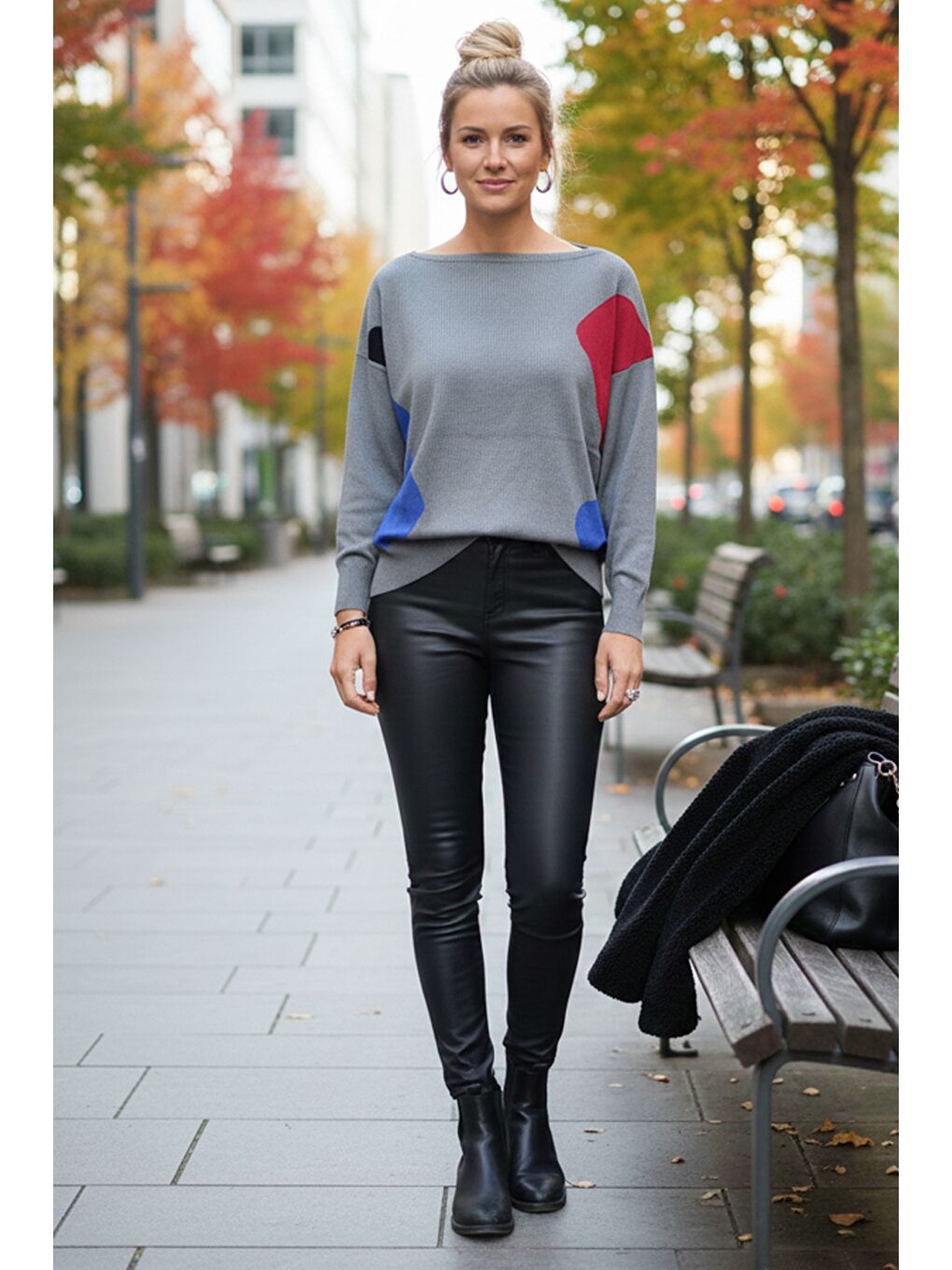 Gri Kayık Yaka Uzun Kol Desenli İnce Casual Triko Kazak 65 60-2