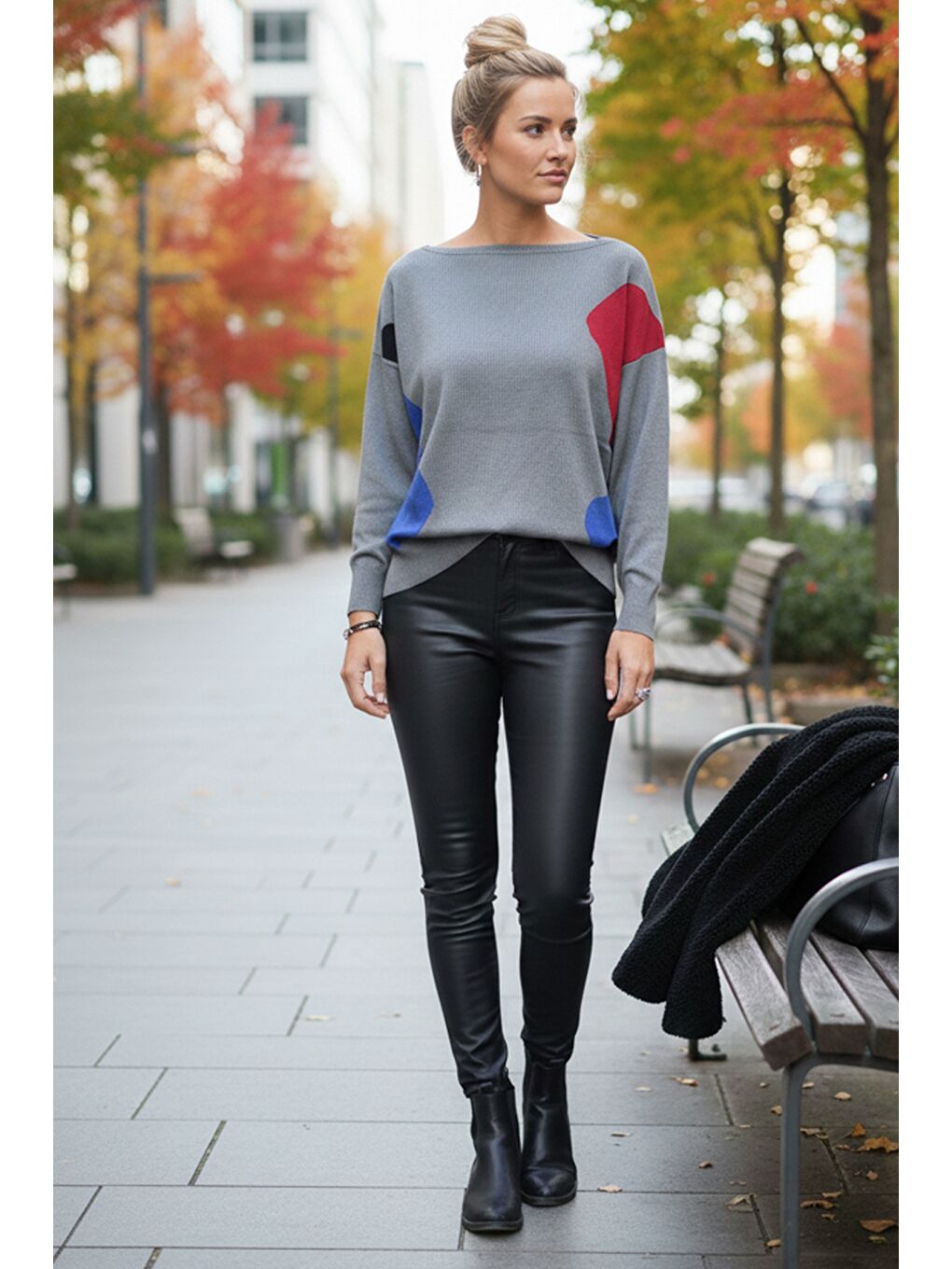 Gri Kayık Yaka Uzun Kol Desenli İnce Casual Triko Kazak 65 60-3