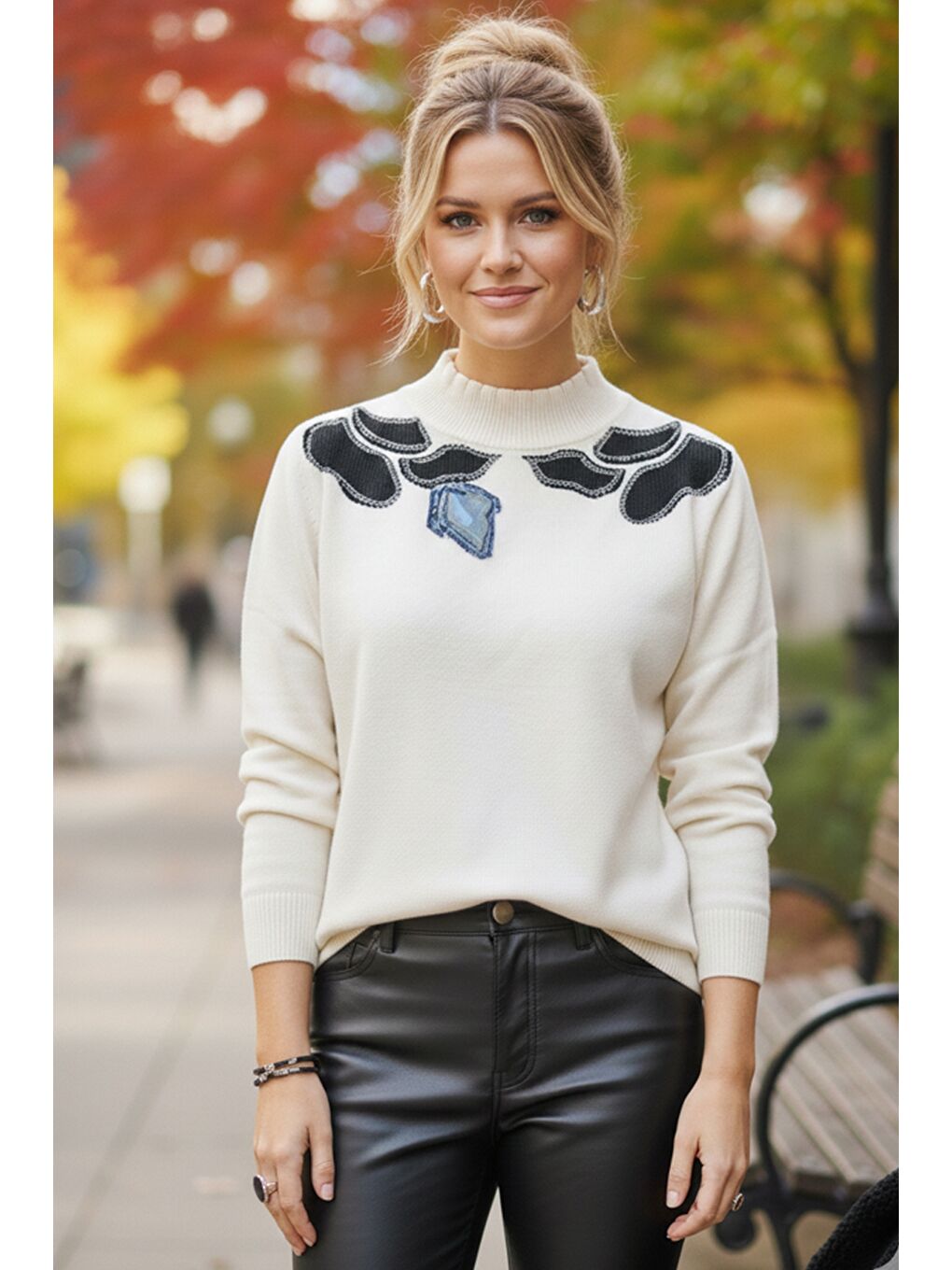 Ekru Krem Balerin Yaka Uzun Kol Desenli İnce Casual Triko Kazak 65 60-4