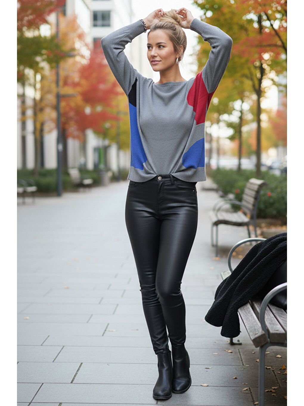 Gri Kayık Yaka Uzun Kol Desenli İnce Casual Triko Kazak 65 60-4