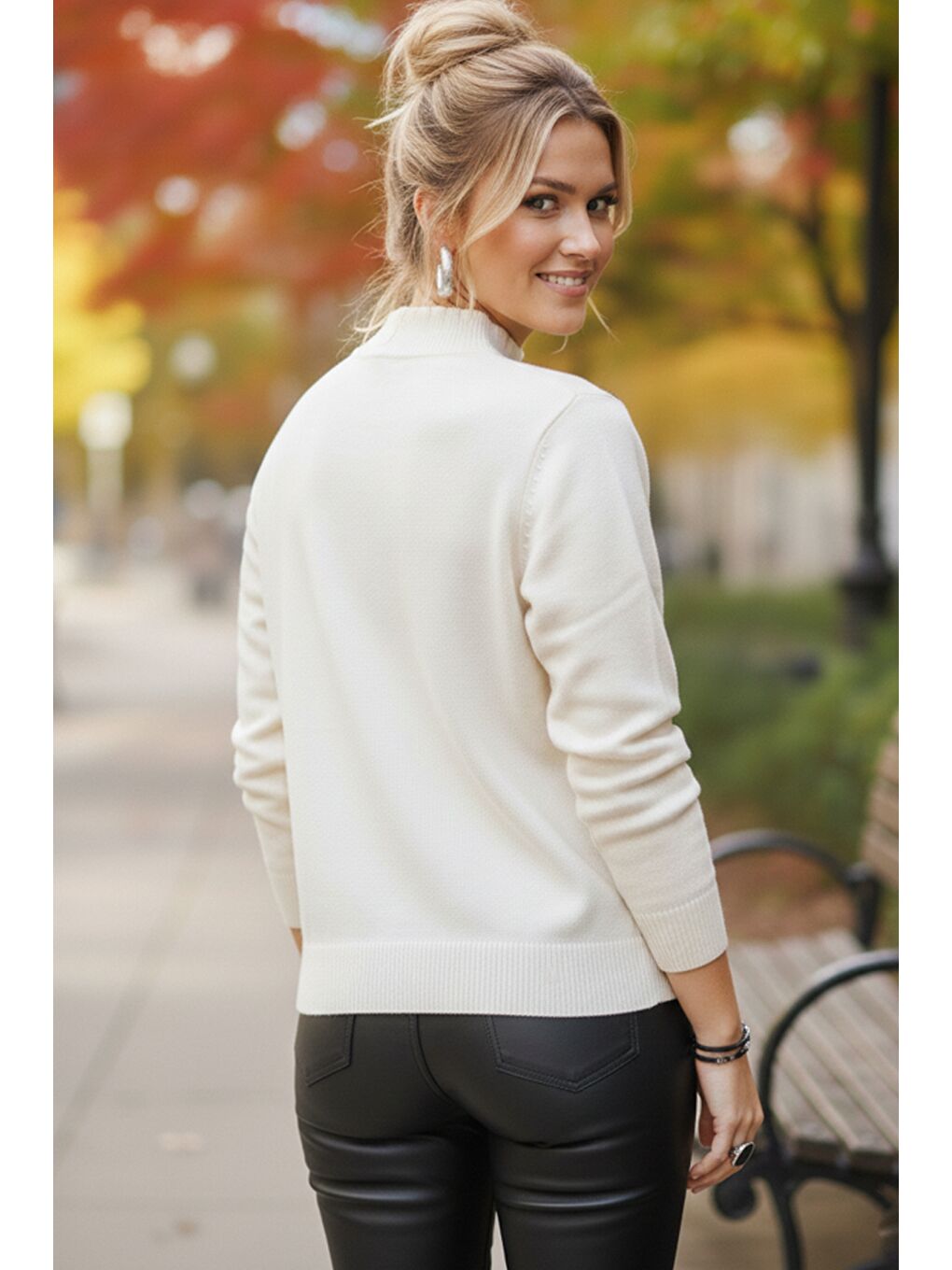 Ekru Krem Balerin Yaka Uzun Kol Desenli İnce Casual Triko Kazak 65 60-5