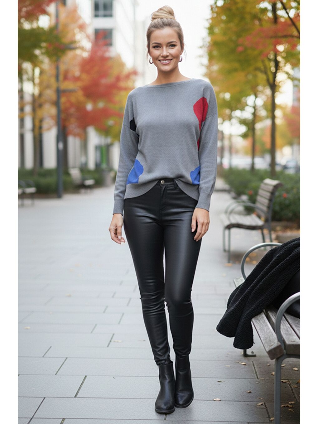 Gri Kayık Yaka Uzun Kol Desenli İnce Casual Triko Kazak 65 60-5