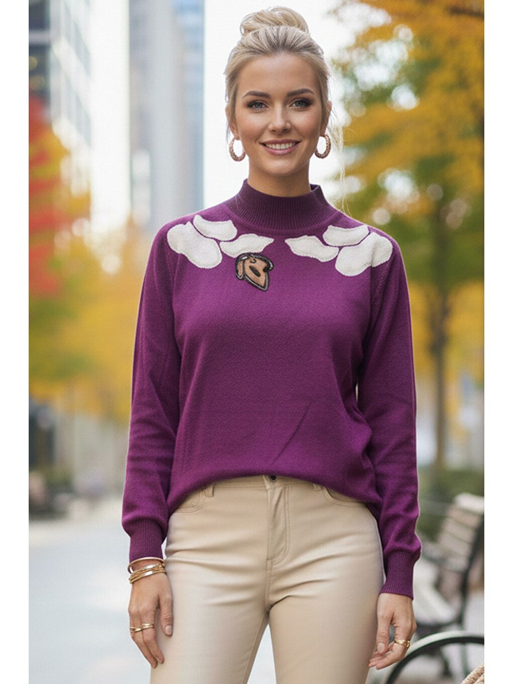 Mor Balerin Yaka Uzun Kol Desenli İnce Casual Triko Kazak 65 60-1