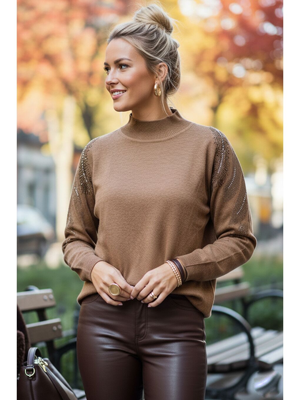 Kahverengi Açık Kahve Balıkçı Yaka Uzun Kol İnce Taşlı Casual Triko Kazak 65 60-1