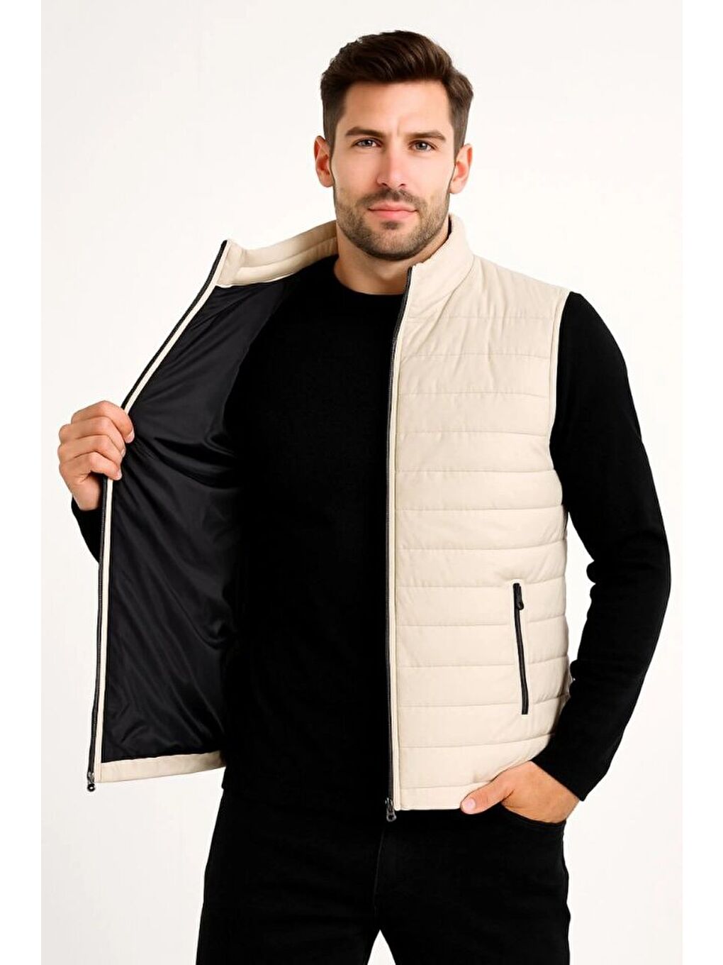 Bej Erkek Şişme Fermuarlı Yelek