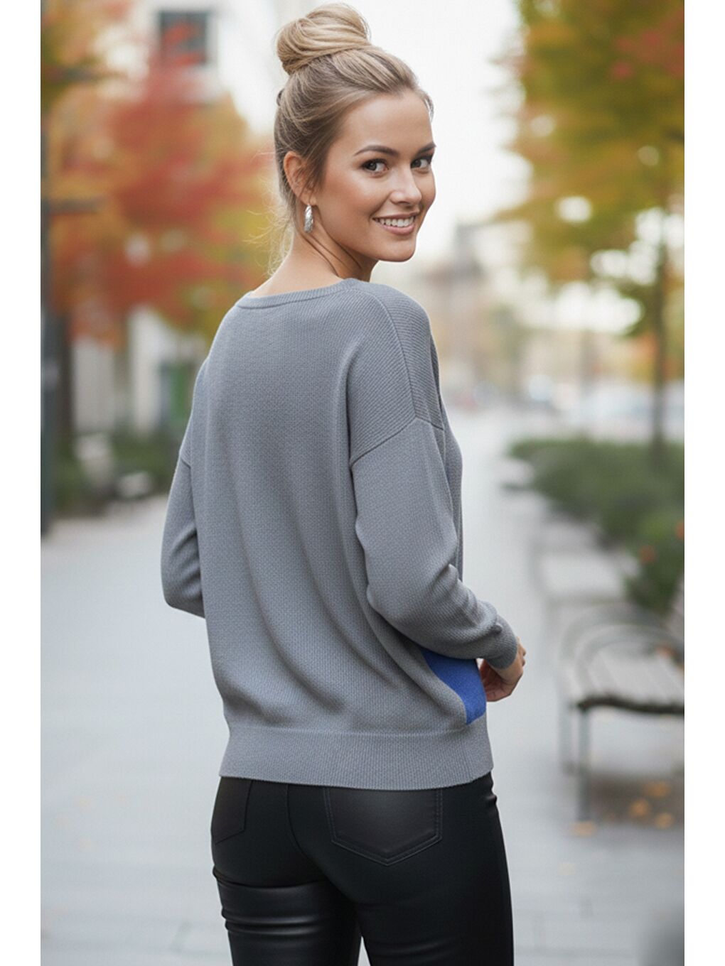 Gri Kayık Yaka Uzun Kol Desenli İnce Casual Triko Kazak 65 60-6