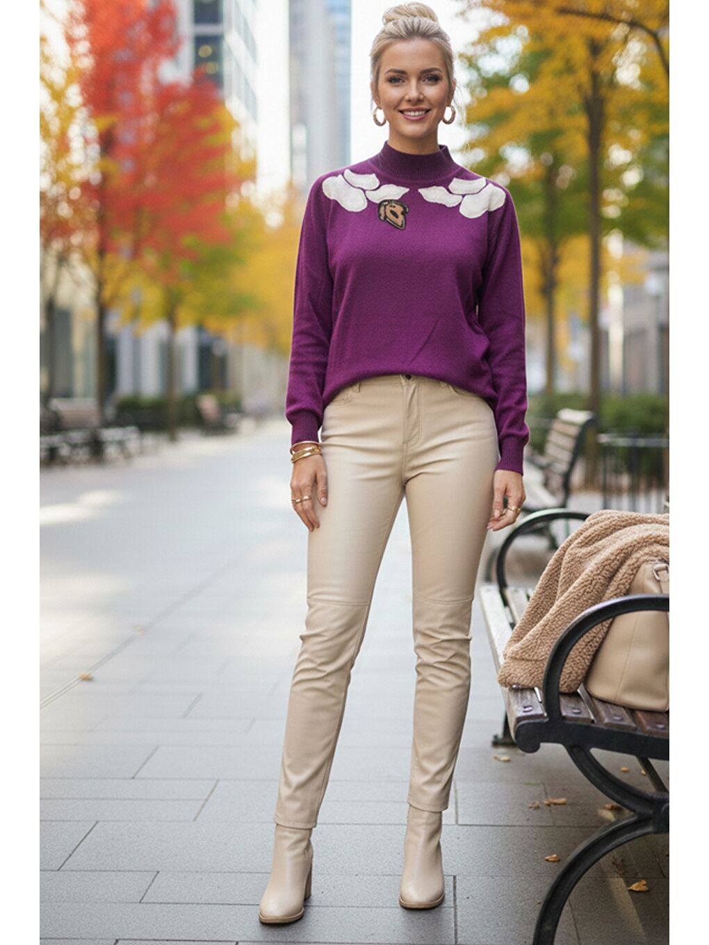 Mor Balerin Yaka Uzun Kol Desenli İnce Casual Triko Kazak 65 60-3