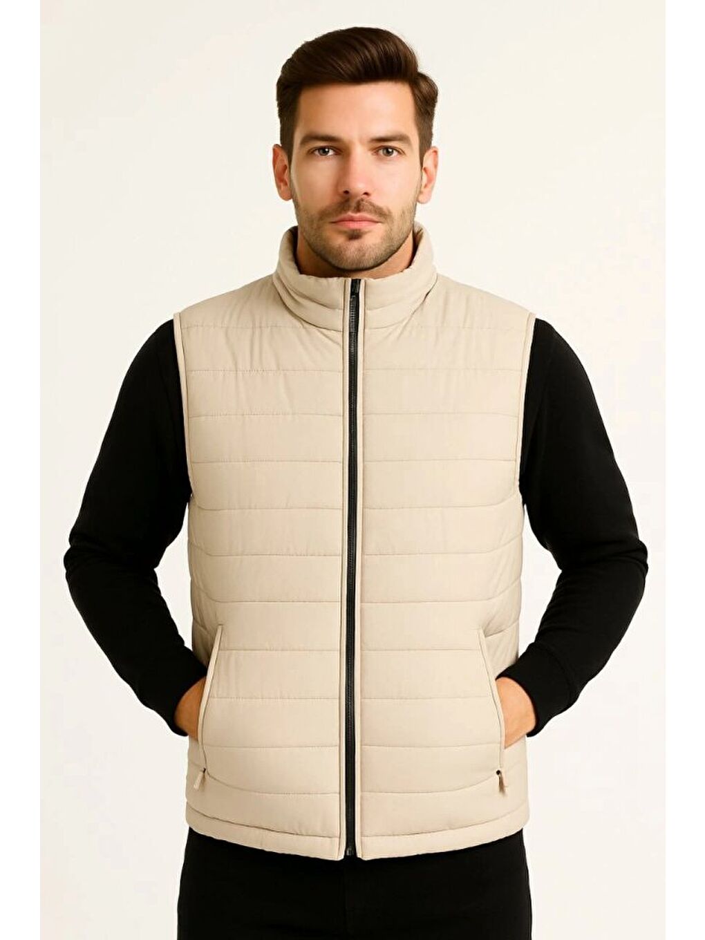 Bej Erkek Şişme Fermuarlı Yelek-1