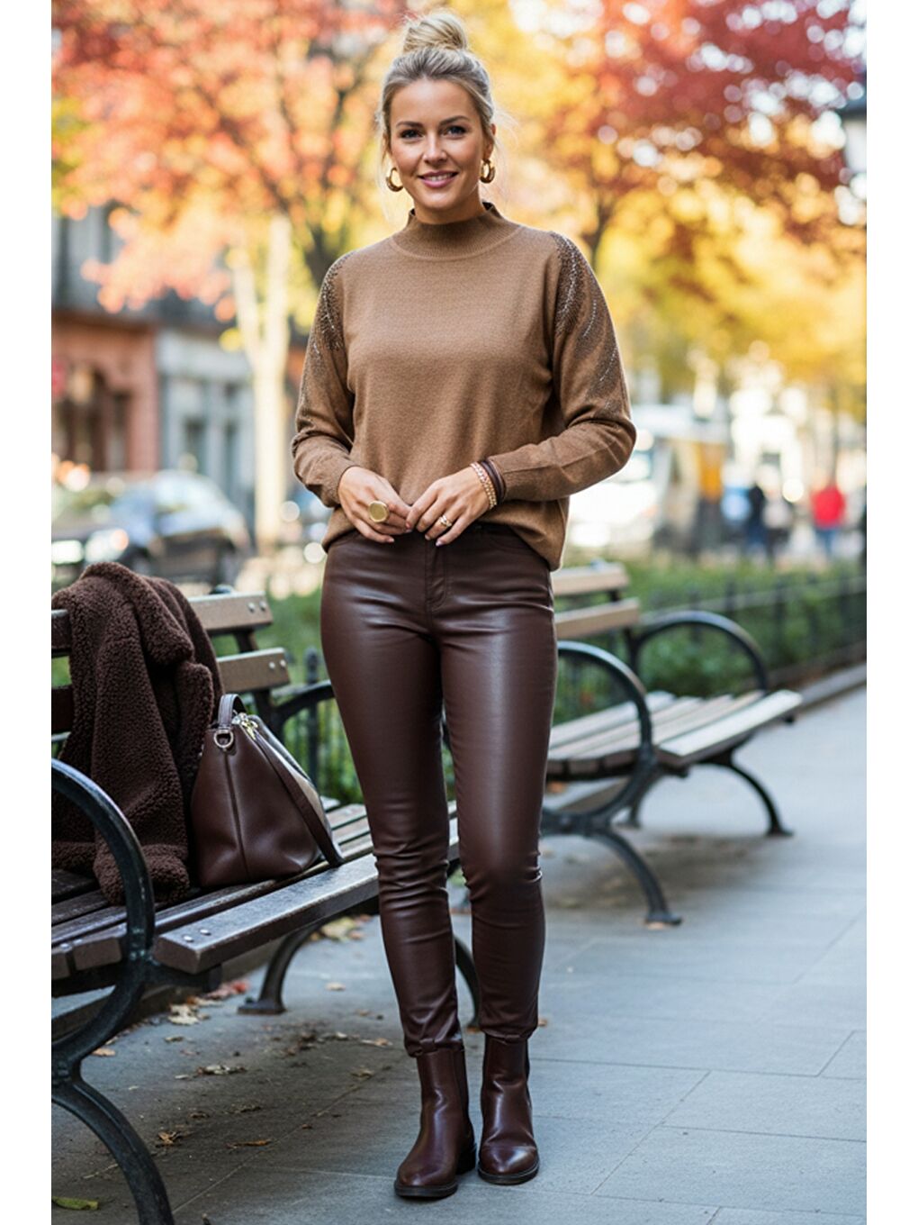 Kahverengi Açık Kahve Balıkçı Yaka Uzun Kol İnce Taşlı Casual Triko Kazak 65 60-3