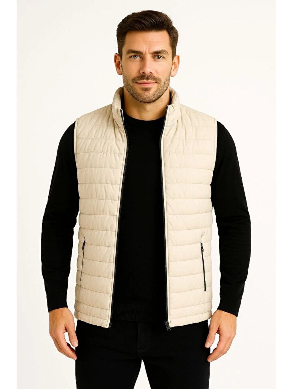 Bej Erkek Şişme Fermuarlı Yelek-3
