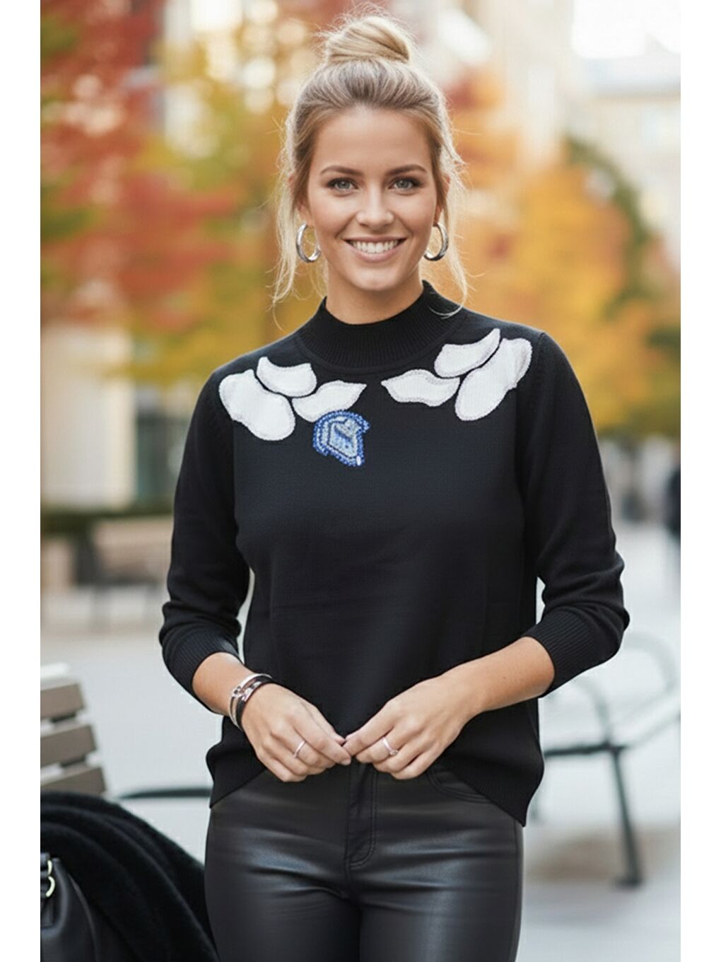 Siyah-Mavi Balerin Yaka Uzun Kol Desenli İnce Casual Triko Kazak 65 60-1