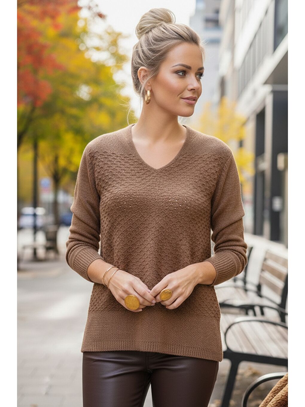 Kahverengi Açık Kahve V Yaka Uzun Kol İnce Casual Ajur Örgü Triko Kazak 65 60-1