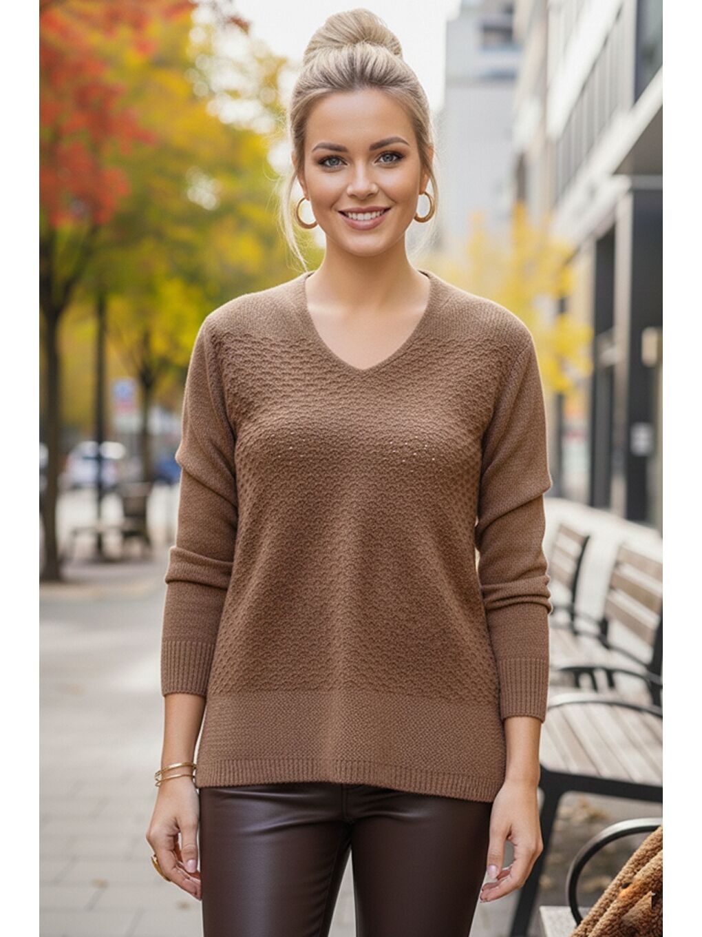 Kahverengi Açık Kahve V Yaka Uzun Kol İnce Casual Ajur Örgü Triko Kazak 65 60-2
