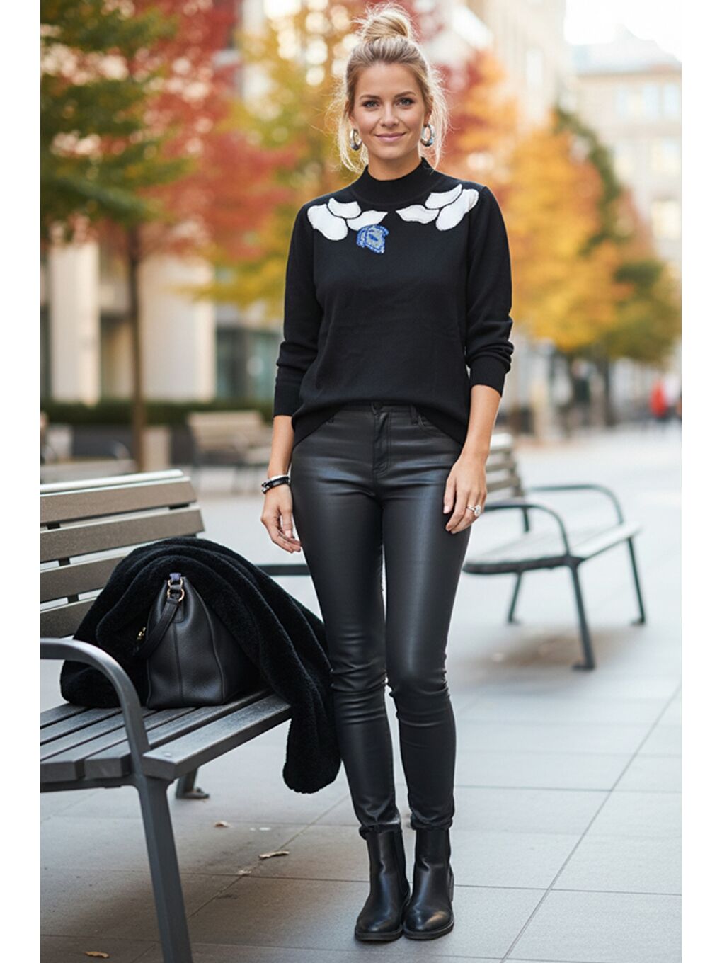 Siyah-Mavi Balerin Yaka Uzun Kol Desenli İnce Casual Triko Kazak 65 60-2