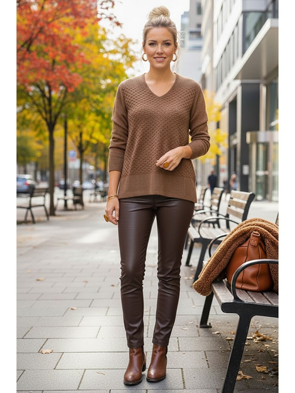 Kahverengi Açık Kahve V Yaka Uzun Kol İnce Casual Ajur Örgü Triko Kazak 65 60-3