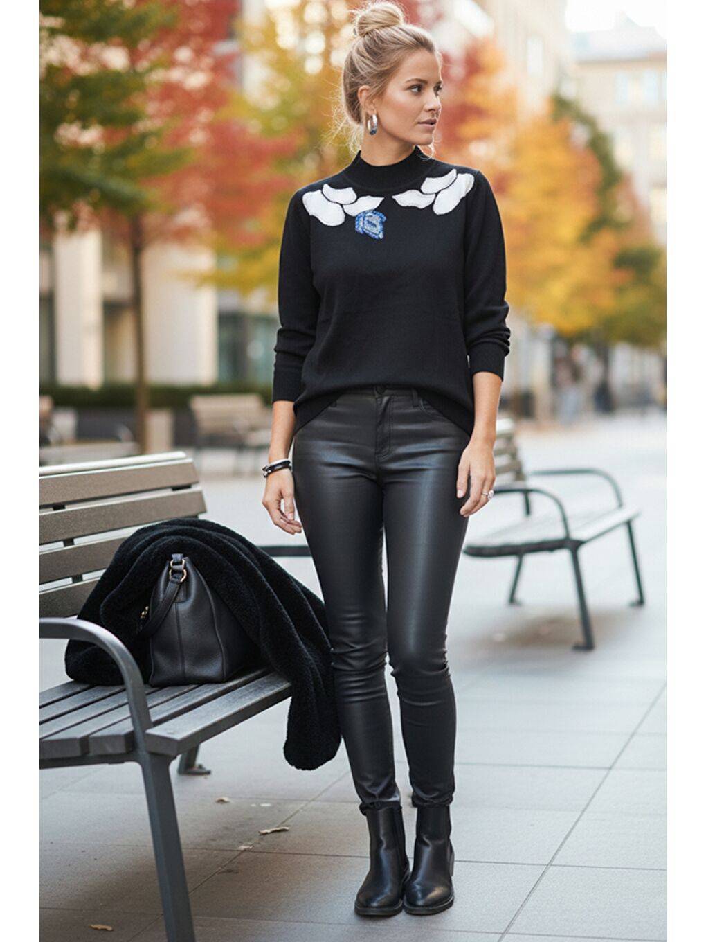 Siyah-Mavi Balerin Yaka Uzun Kol Desenli İnce Casual Triko Kazak 65 60-3