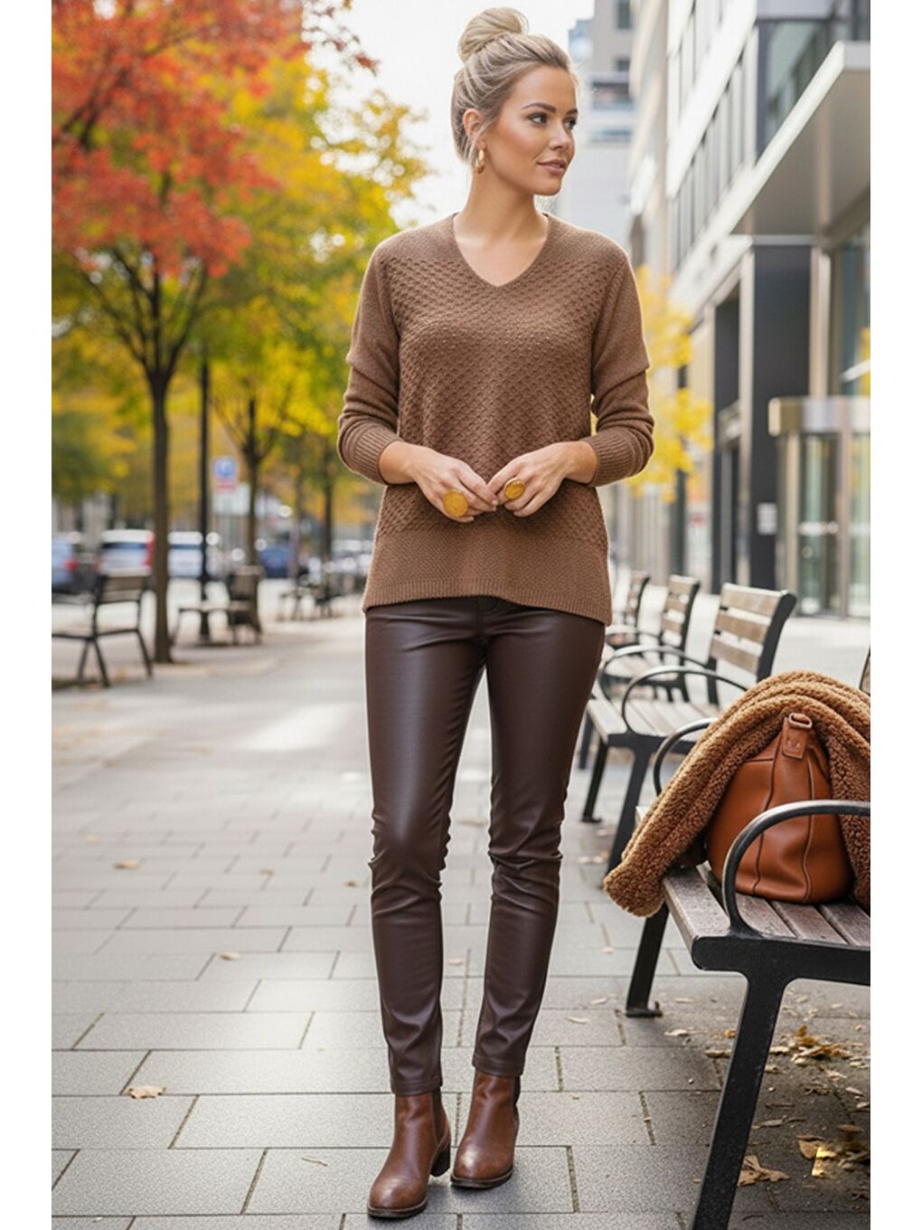 Kahverengi Açık Kahve V Yaka Uzun Kol İnce Casual Ajur Örgü Triko Kazak 65 60-5