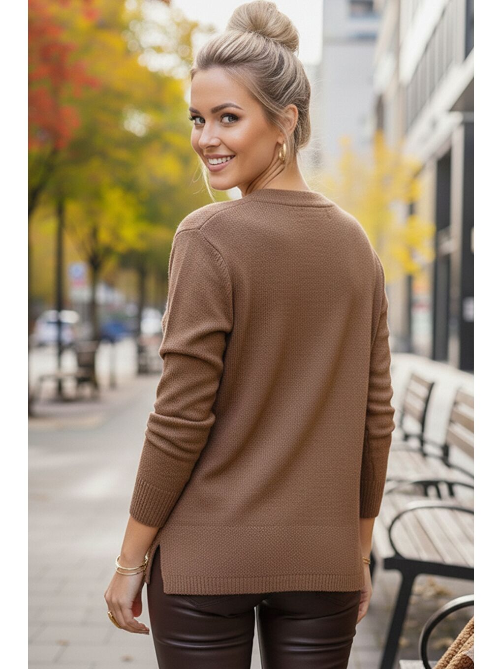 Kahverengi Açık Kahve V Yaka Uzun Kol İnce Casual Ajur Örgü Triko Kazak 65 60-6