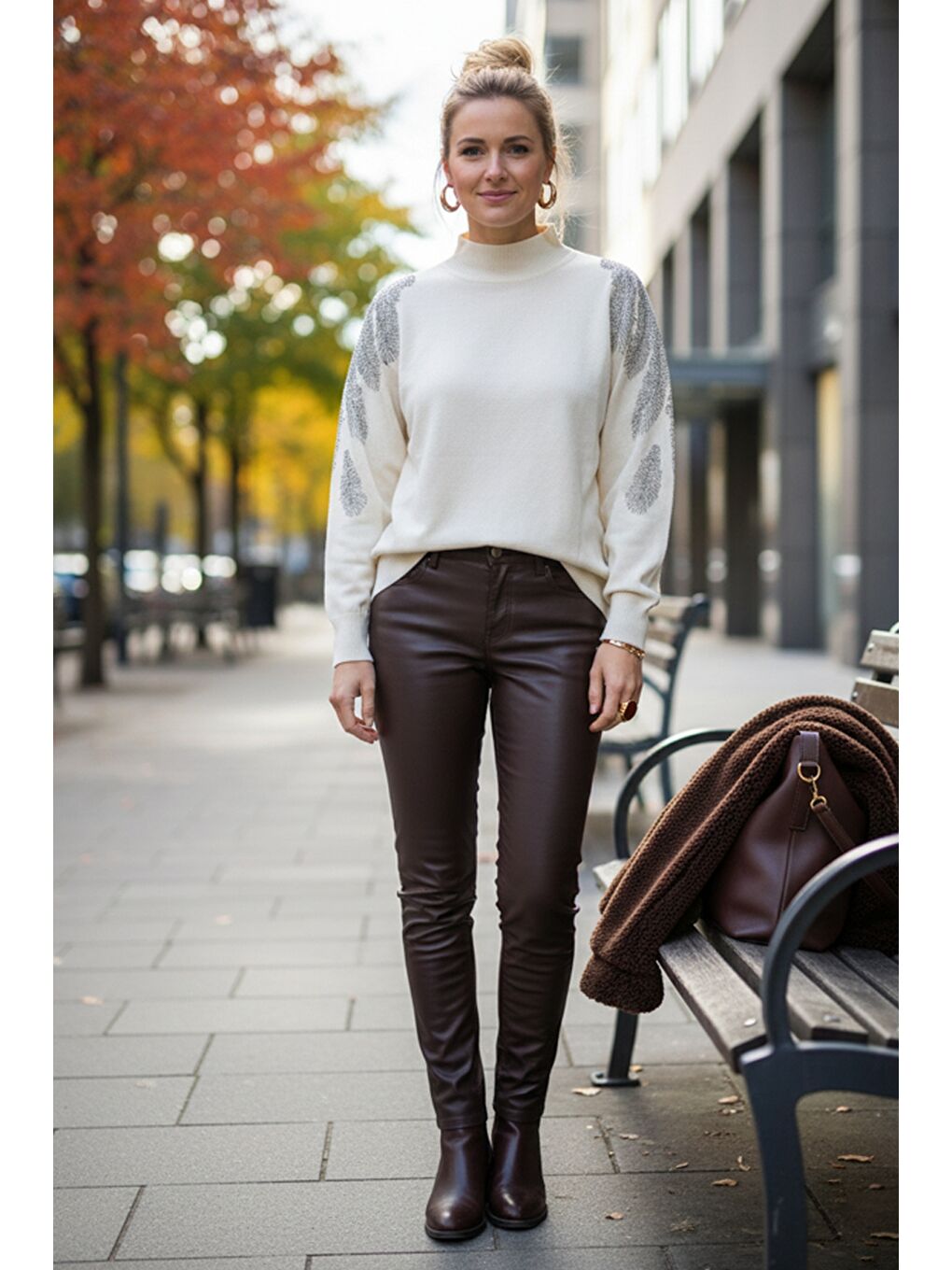 Ekru Krem Balıkçı Yaka Uzun Kol İnce Taşlı Casual Triko Kazak 65 60-3