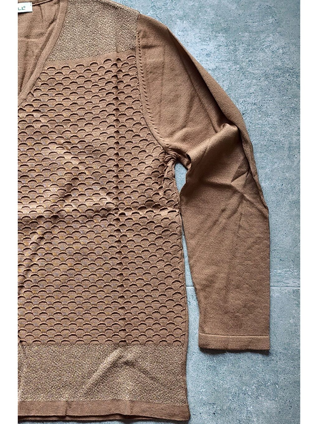 Kahverengi Açık Kahve V Yaka Uzun Kol İnce Casual Ajur Örgü Triko Kazak 65 60-7