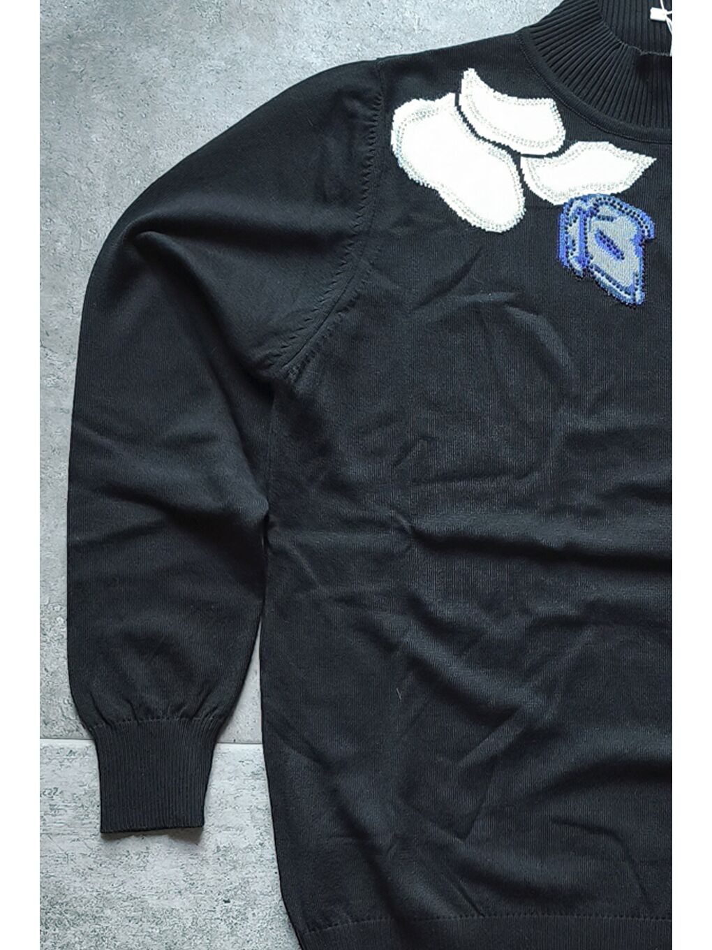 Siyah-Mavi Balerin Yaka Uzun Kol Desenli İnce Casual Triko Kazak 65 60-6