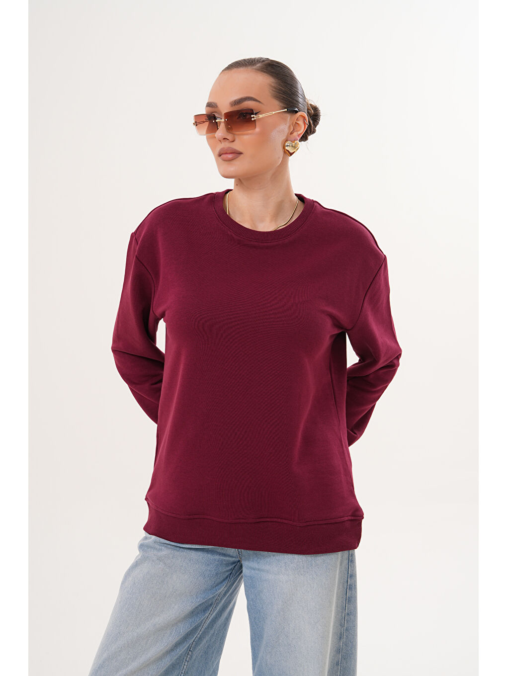 Bordo Unisex Bisiklet Yaka %100 Pamuk Basic Sweatshirt