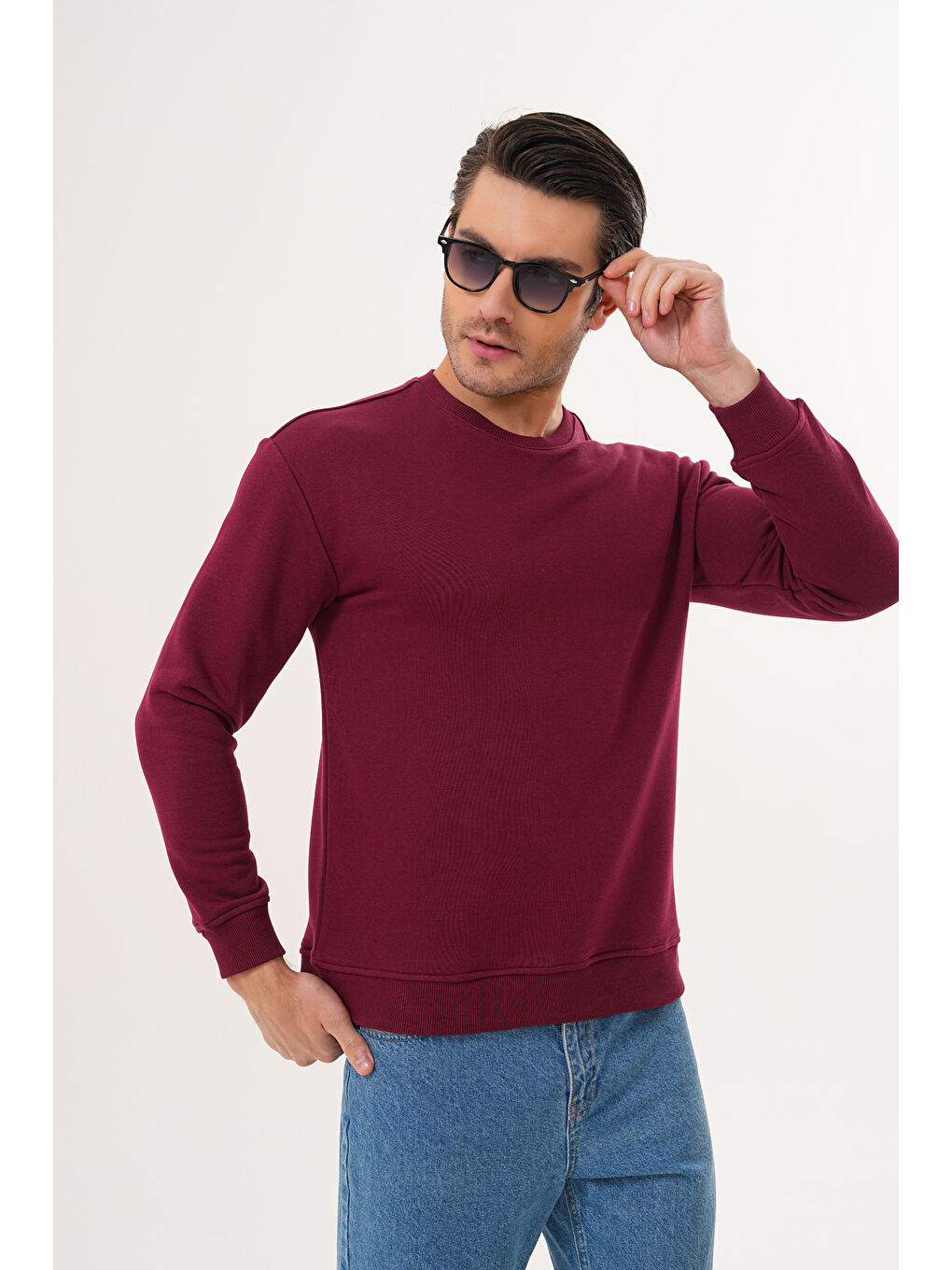 Bordo Unisex Bisiklet Yaka %100 Pamuk Basic Sweatshirt-1