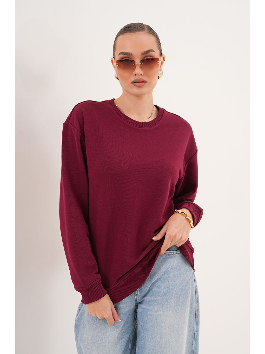 Bordo Unisex Bisiklet Yaka %100 Pamuk Basic Sweatshirt-2