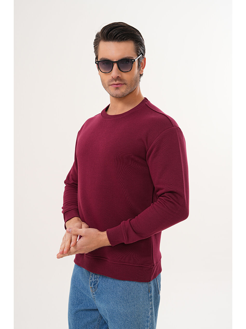 Bordo Unisex Bisiklet Yaka %100 Pamuk Basic Sweatshirt-3