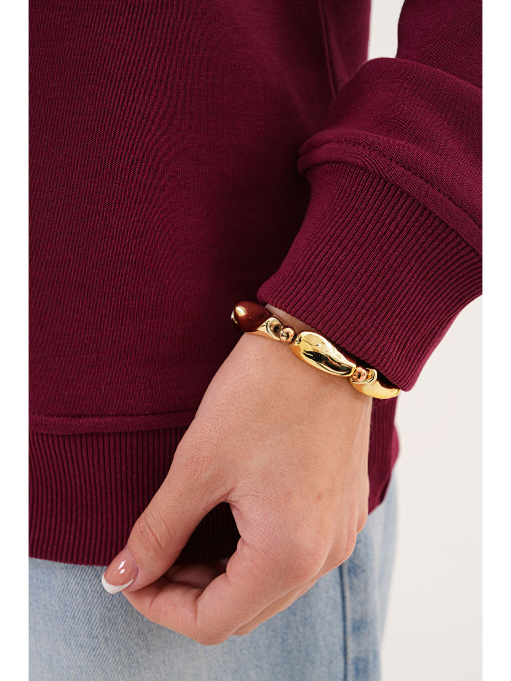 Bordo Unisex Bisiklet Yaka %100 Pamuk Basic Sweatshirt-4