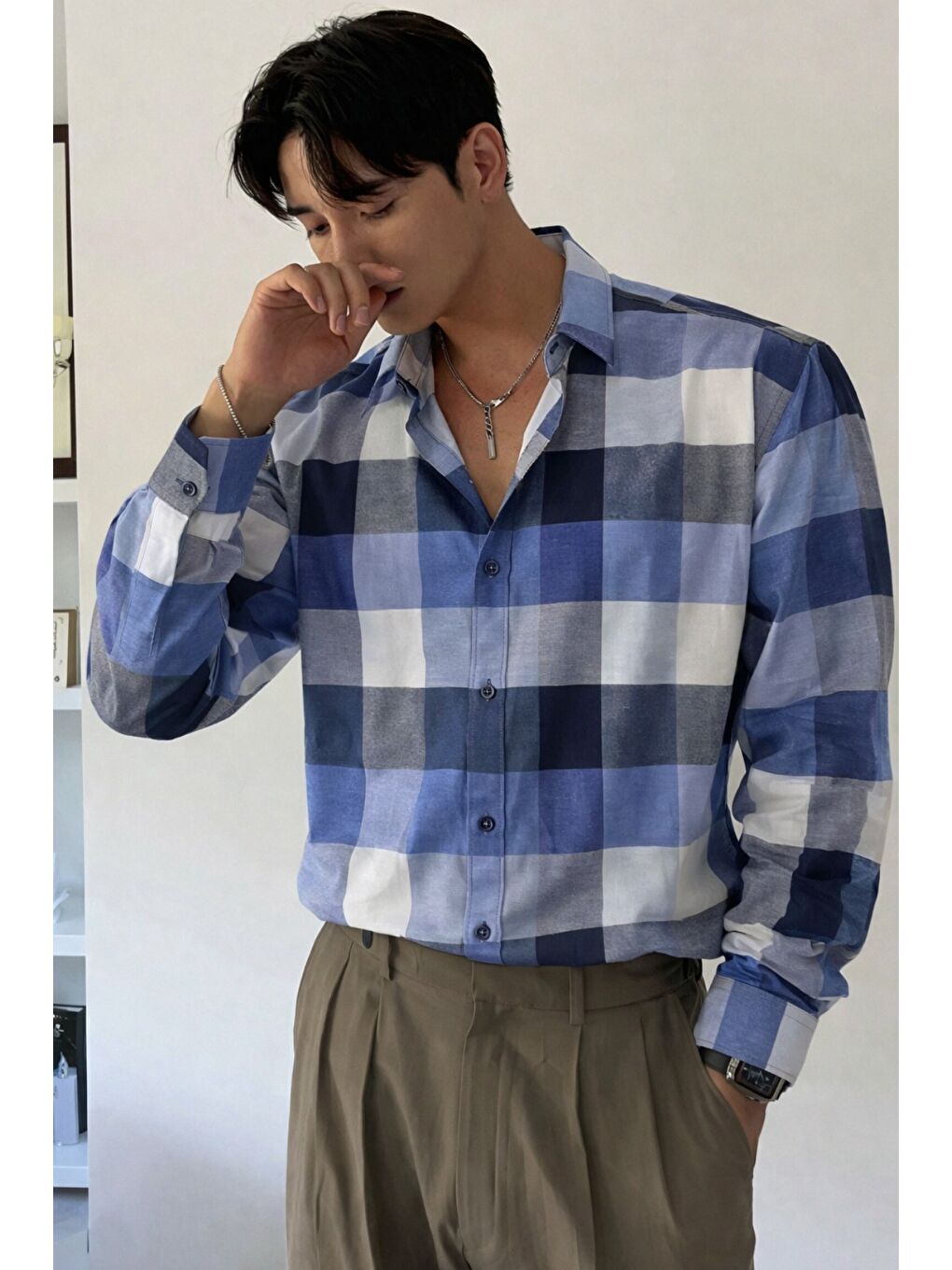 Gri Erkek Ekose-Kareli Gömlek Slim Fit Pamuk Karışımlı Klasik Tarz Uzun Kollu Gömlek