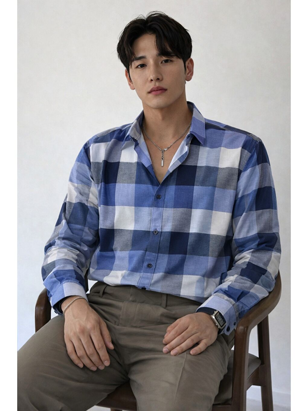 Gri Erkek Ekose-Kareli Gömlek Slim Fit Pamuk Karışımlı Klasik Tarz Uzun Kollu Gömlek-1