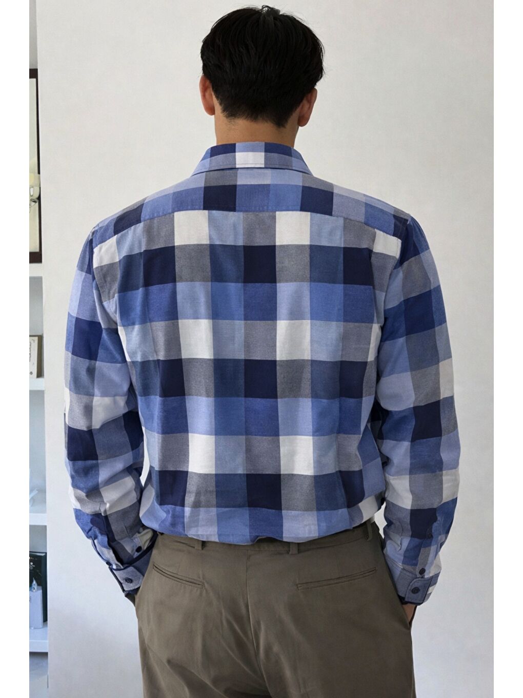 Gri Erkek Ekose-Kareli Gömlek Slim Fit Pamuk Karışımlı Klasik Tarz Uzun Kollu Gömlek-2