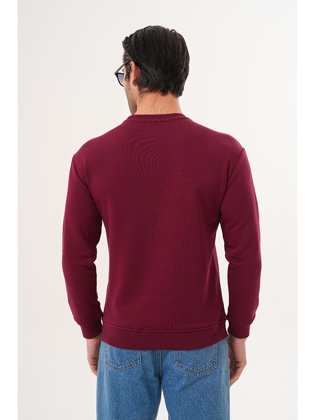Bordo Unisex Bisiklet Yaka %100 Pamuk Basic Sweatshirt-7