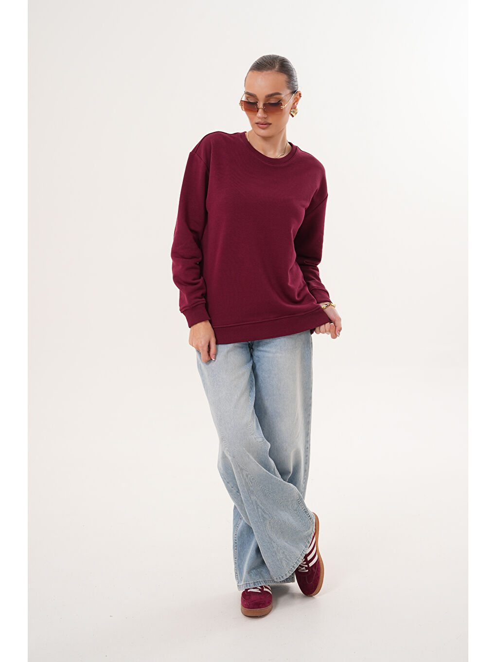 Bordo Unisex Bisiklet Yaka %100 Pamuk Basic Sweatshirt-8