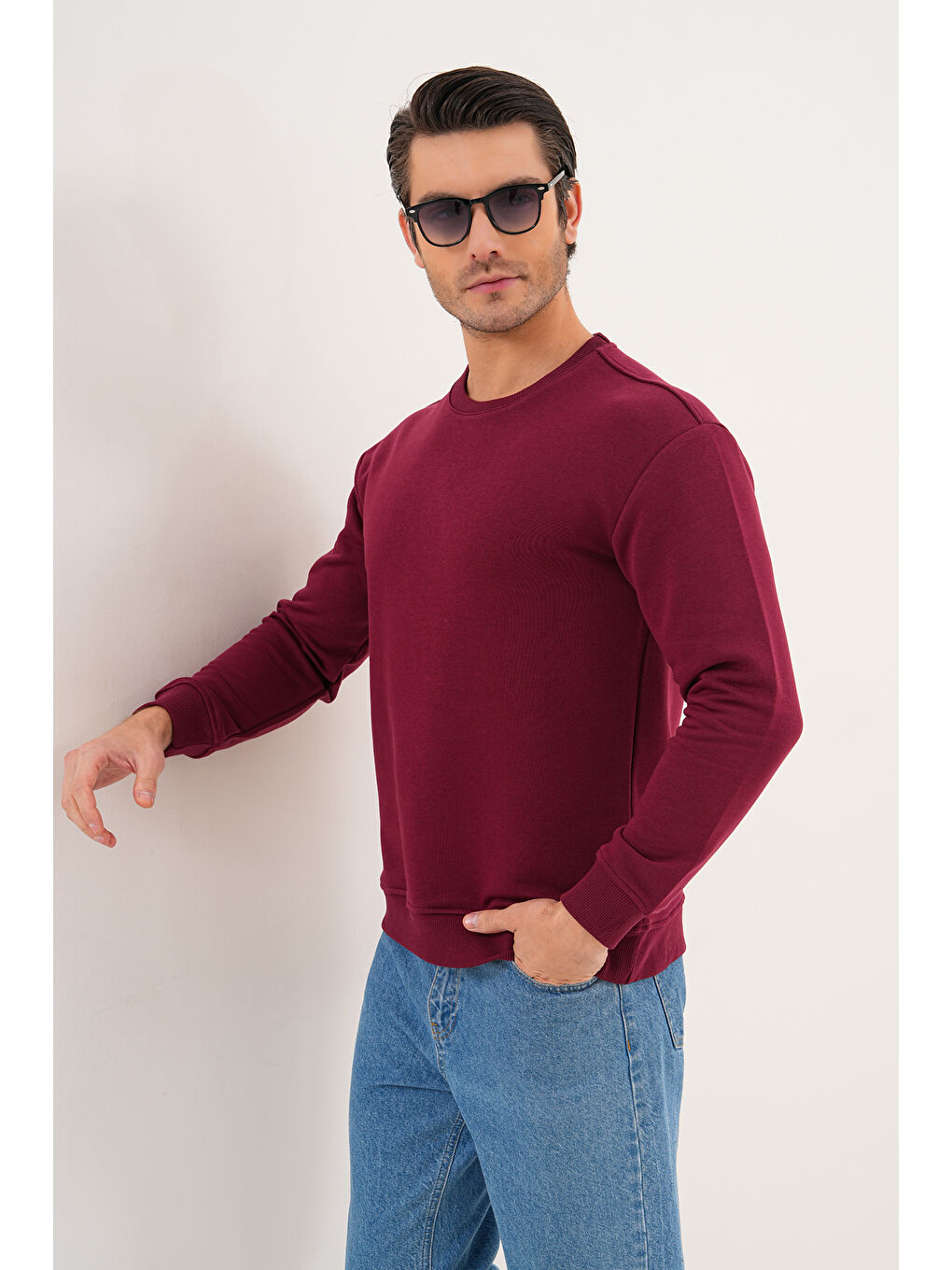 Bordo Unisex Bisiklet Yaka %100 Pamuk Basic Sweatshirt-9