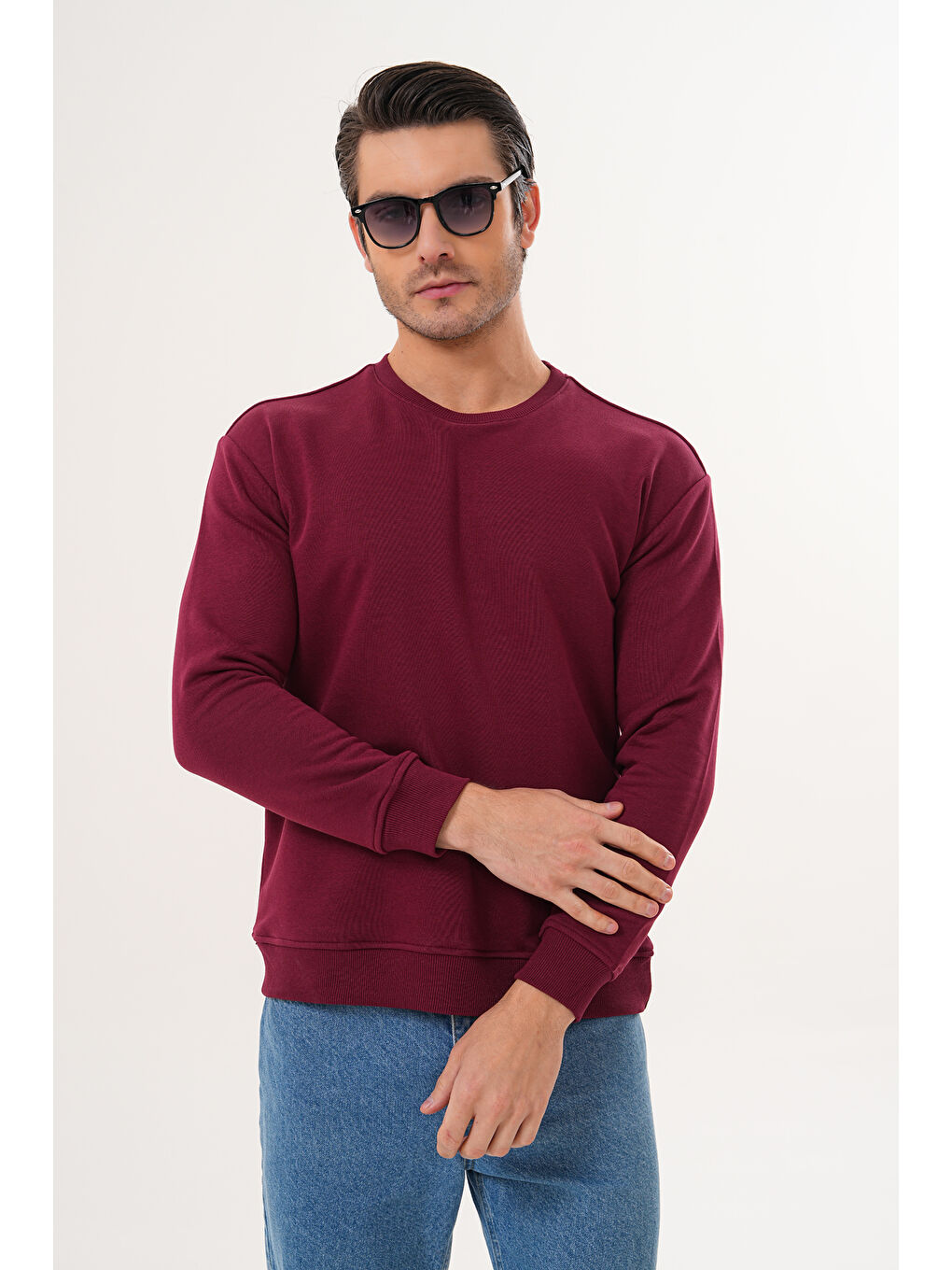 Bordo Unisex Bisiklet Yaka %100 Pamuk Basic Sweatshirt-11